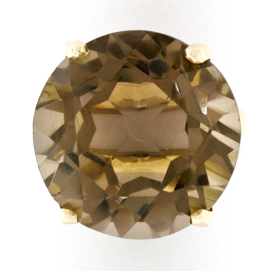 Vintage 14K Gold Large Round Smoky Quartz High Profile Solitaire Cocktail Ring