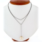 14K White Gold 12mm Round Golden Pearl & 8pt Diamond 16