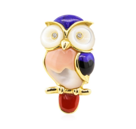 0.04 ctw Diamond and Multi-colored Gemstone Owl Pin - 14KT Yellow Gold