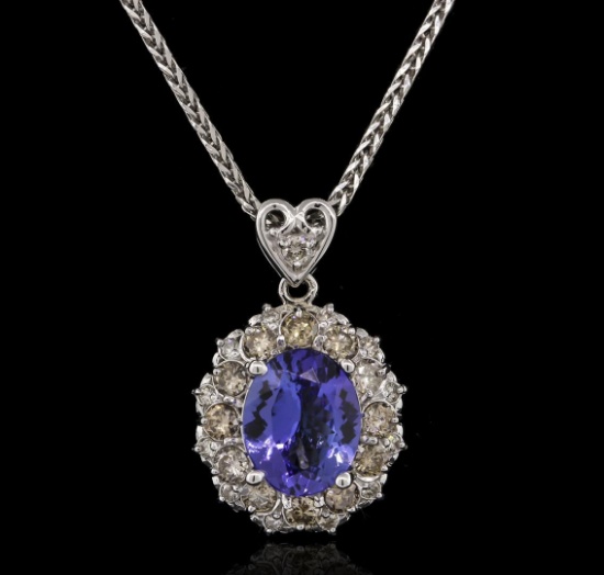 3.56 ctw Tanzanite and Diamond Pendant With Chain - 14KT White Gold