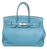 Hermes Blue Leather Birkin 35cm Satchel Bag