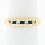 18K Gold 0.36 ctw Channel Square Sapphire Round Diamond Scalloped Stack Band Rin