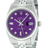 Rolex Mens Stainless Purple Diamond 36MM Datejust Oyster Perpetual Wristwatch
