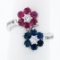 Estate 14k White Gold Round Sapphire Ruby & Diamond Flower Cluster Bypass Ring