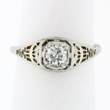 Antique Art Deco 18k White Gold 0.45 ctw European Diamond Solitaire Filigree Rin