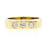 Men's 14K Gold 3 Stone Burnish Diamond Nugget Pattern High-Profile Band Ring