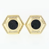 Vintage Large 18k Gold Black Onyx Intaglio .75 ctw Round Diamond Hexagon Earring