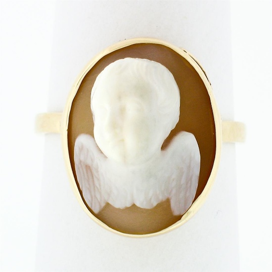 Vintage 14k Yellow Gold Bezel Set Carved Shell Cameo Ring w/ High Relief Angel