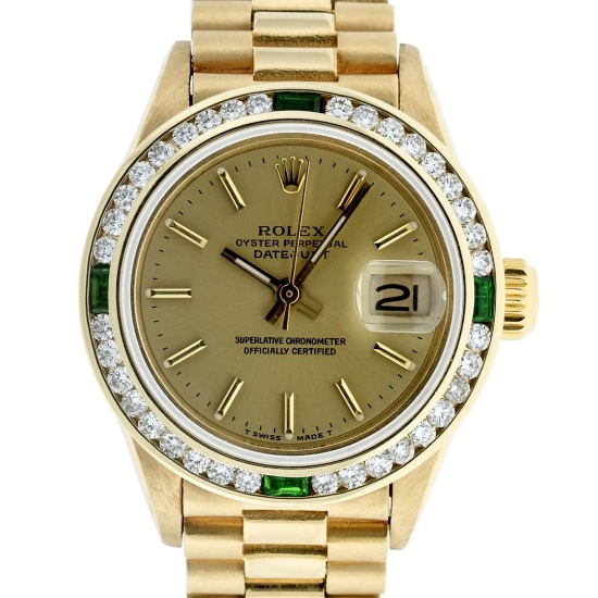 Rolex Ladies 18K Yellow Gold Emerald And Champagne Index President Wristwatch Wi