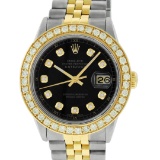 Rolex Mens 2 Tone 18K Black 1.9 ctw Diamond Datejust Wristwatch With Rolex