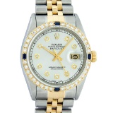 Rolex Mens 2 Tone Silver & Sapphire Diamond 36MM Datejust Wristwatch