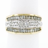 14k Yellow Gold 1.34 ctw 3 Row Channel Baguette Pave Round Diamond Wide Band Rin