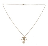 Chanel CC Dangle Pearl Pendant Gold-tone Necklace