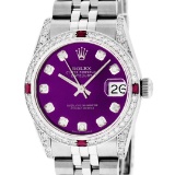 Rolex Mens Stainless Steel Diamond Lugs Purple Diamond & Ruby Datejust Wristwatc