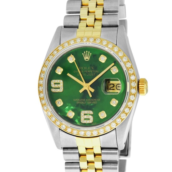 Rolex Mens 2 Tone Green Diamond 36MM Datejust Wristwatch