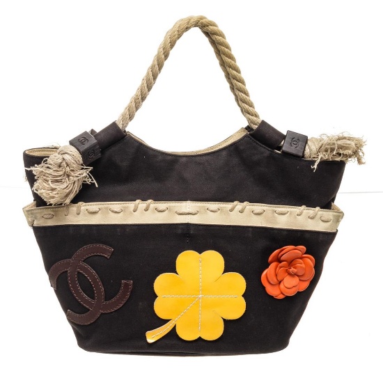 Chanel Black Canvas CC Floral Shoulder Bag