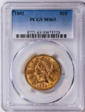 1892 $10 Liberty Head Eagle Gold Coin PCGS MS63