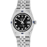 Rolex Mens Stainless Steel Black Diamond Lugs & Sapphire Datejust Wristwatch