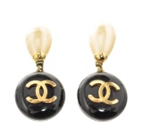 Chanel Black Gold CC Dangle Pearl Earrings