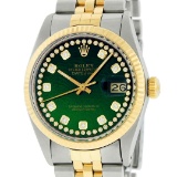 Rolex Mens 2 Tone Green String Diamond 36MM Datejust Wristwatch