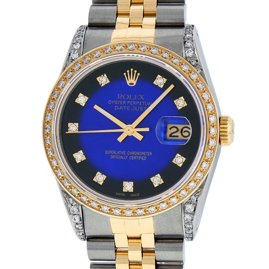 Rolex Mens 2 Tone Blue Vignette Diamond Lugs Datejust Wristwatch