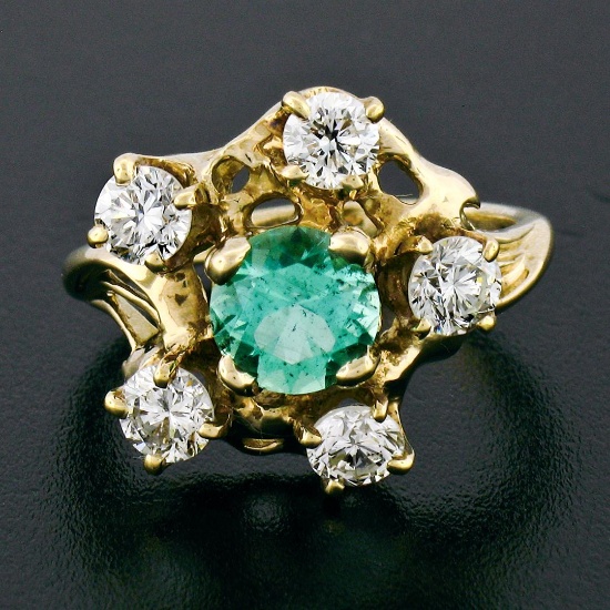 Vintage 18k Yellow Gold Round GIA RARE UNTREATED Emerald Solitaire Diamond Ring