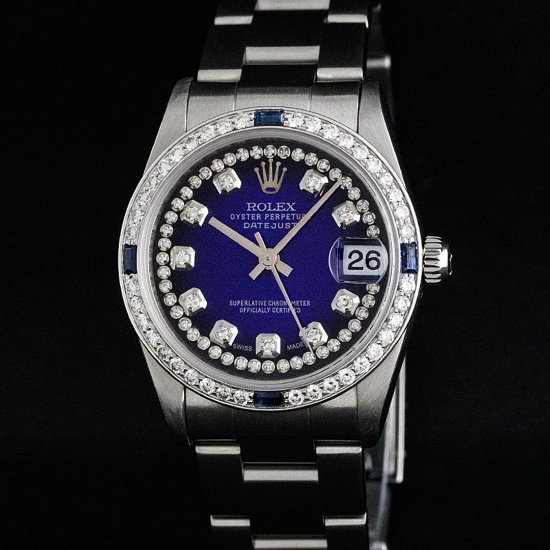 Rolex Womens Midsize 31mm Blue String Diamond & Sapphire Datejust Wristwatch