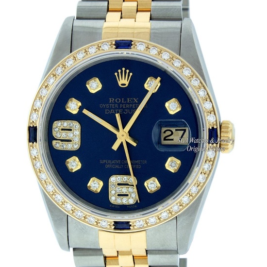Rolex Mens Stainless Steel and Yellow Gold Blue 6& 9 Diamond 36mm Datejust