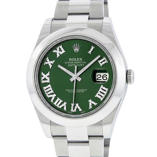 Rolex Mens SS 41MM Green Roman Diamond Datejust 2 Oyster Band Wristwatch