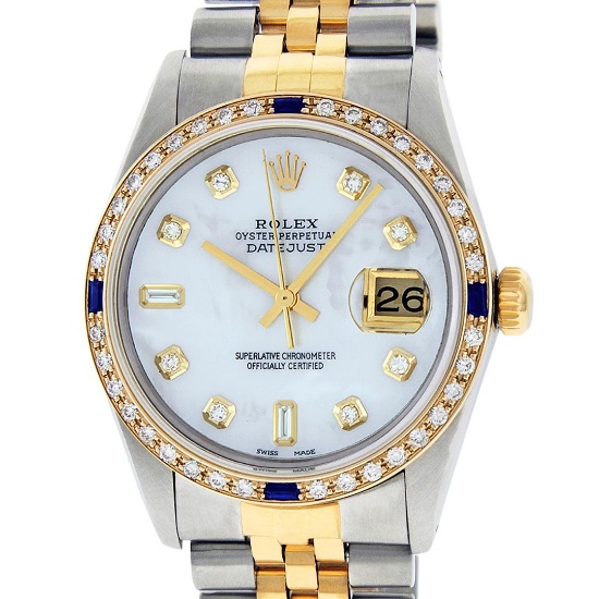 Rolex Mens 2 Tone Mother Of Pearl Diamond & Sapphire Oyster Perpetual Datejust W