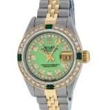 Rolex Ladies 2 Tone 18K Gold Bezel Green String Diamond & Emerald Datejust Wrisw