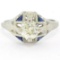 Antique Art Deco 20k White Gold Diamond and Sapphire Engagement Ring