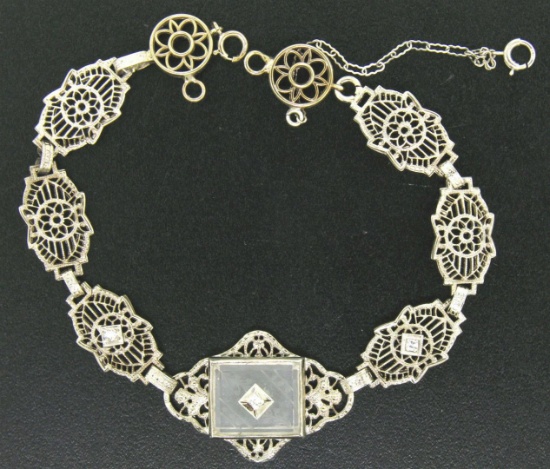 Antique Art Deco 14k White Gold Camphor Glass and Damond Bracelet