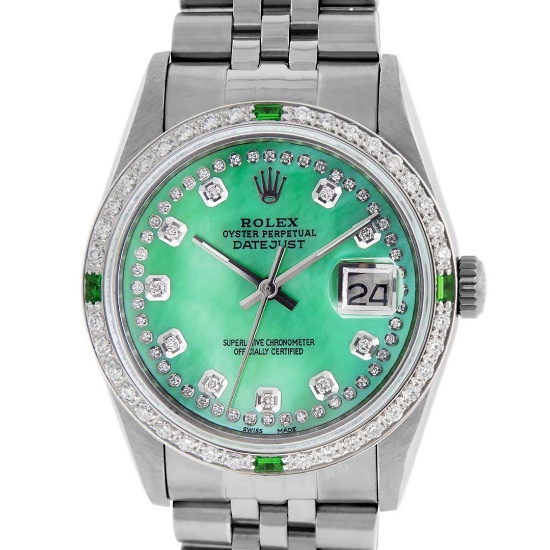 Rolex Mens Stainless Steel Green Mother Of Pearl Diamond Oyster Perpetual Dateju
