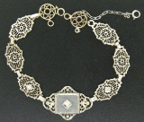 Antique Art Deco 14k White Gold Camphor Glass and Damond Bracelet
