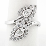Vintage 14k White Gold 0.84 ctw Round Baguette Cut Diamond Pear Leaf Bypass Ring