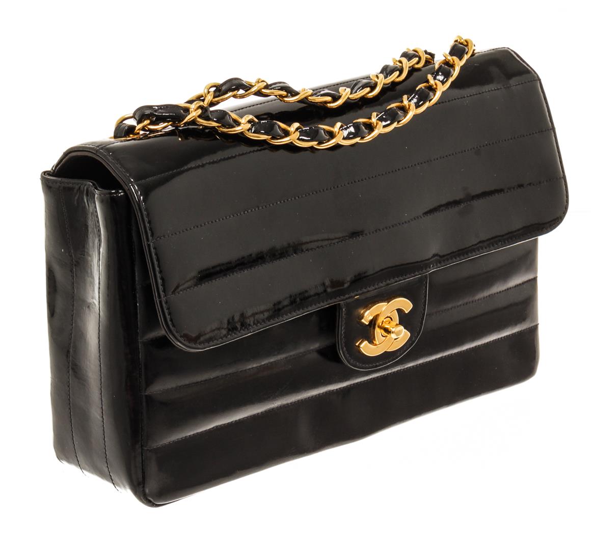 Chanel Black Horizontal Patent Leather Flap Bag