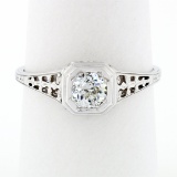 Antique Art Deco 18k Gold European Diamond Solitaire Filigree Engagement Ring