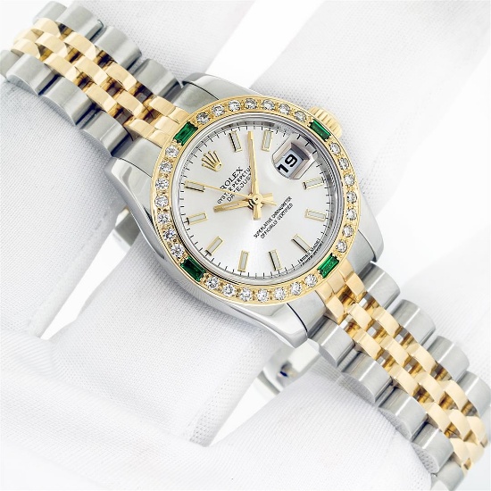 Rolex Quickset 2T Silver Index Diamond & Emerald  Datejust Wristwatch 26MM