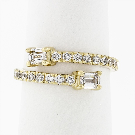 New 14k Gold Emerald Cut & Round Diamond Moi et Toi Bypass Stack Band Ring