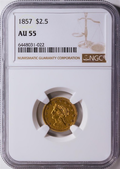 1857 $2.5 Liberty Head Quarter Eagle Gold Coin NGC AU55