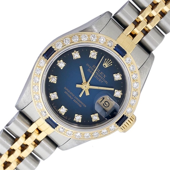 Rolex Ladies 2T Quickset Factory Blue Vignette Diamond Datejust Wristwatch 26MM