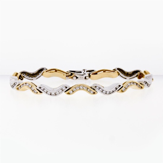 Solid 18K TT Gold 1.40 ctw Fine Round Brilliant Diamond Wavy Link Tennis Bracele