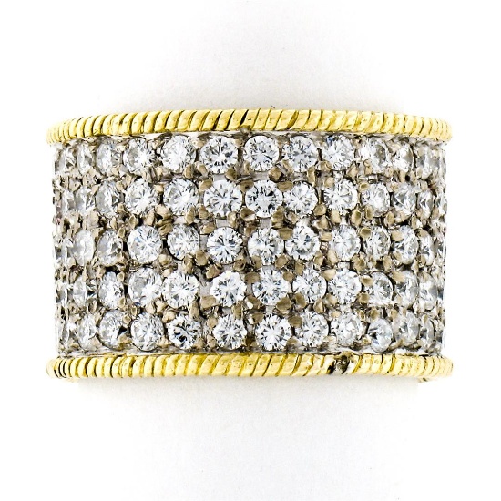 Vintage 18k Gold 3.6 ctw Pave Round Diamond Wide Eternity Band Twisted Wire Edge