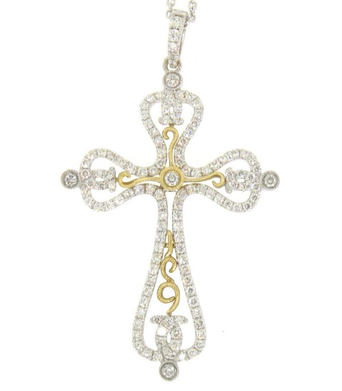 NEW 18k Two Tone Gold 18" 1.26 ctw Pave Round Diamond Open Cross Pendant Necklac
