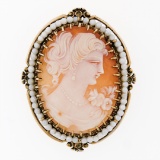 Large Vintage 14k Yellow Gold Carved Shell Cameo Pearl Frame Halo Brooch Pendant