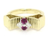 Unique Vintage 18K Yellow Gold.25 ctw Round Ruby Diamond Textured Cluster Ring
