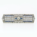 Antique Art Deco Platinum 7.24 ctw Diamond Large Sapphire Filigree Brooch Pin