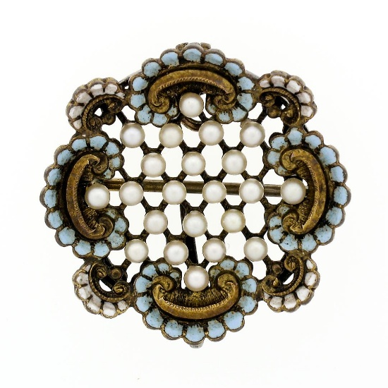 Antique Art Nouveau 14k Gold Seed Pearl White Blue Enamel Flower Brooch Pendant