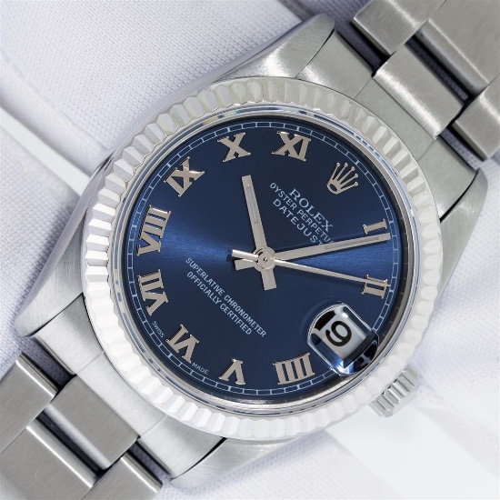 Rolex 31MM Blue Roman Datejust Wristwatch With Oyster Band